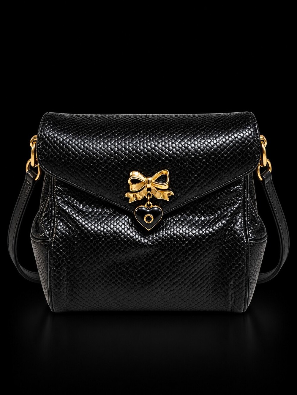 JUDITH LEIBER Vintage Black Karung Snakeskin Crossbody Bag Bow Heart Charm